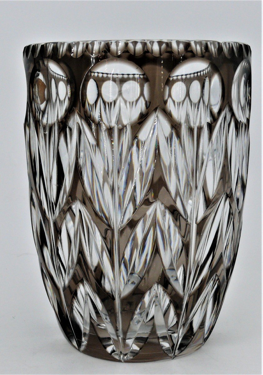 Val Saint Lambert, Brown Lined Cut Crystal Vase, 19 Cm, 3.2 Kg.-photo-2