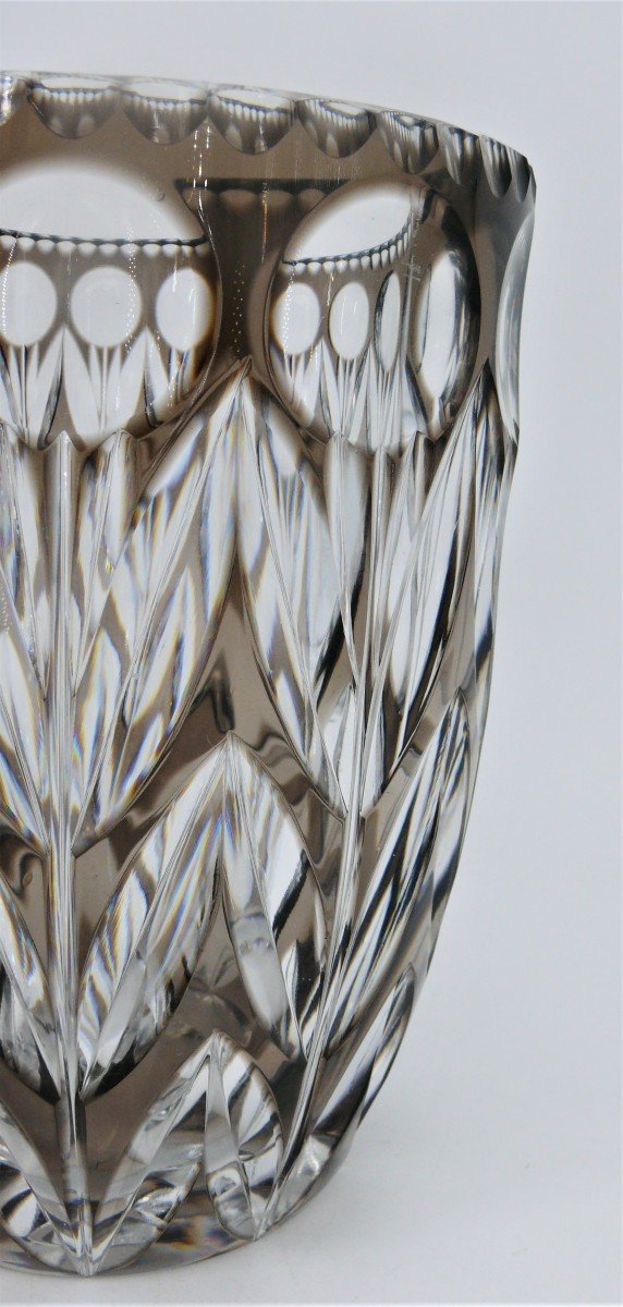 Val Saint Lambert, Brown Lined Cut Crystal Vase, 19 Cm, 3.2 Kg.-photo-1