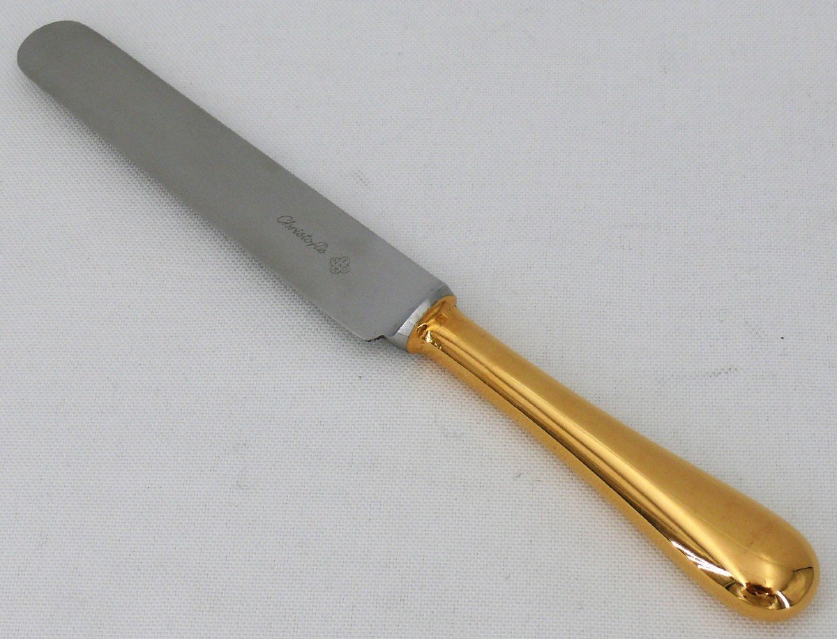 Christofle Baguette/fidélio Model, Golden Metal, 6 Rare Table Knives, In Good Condition.-photo-2