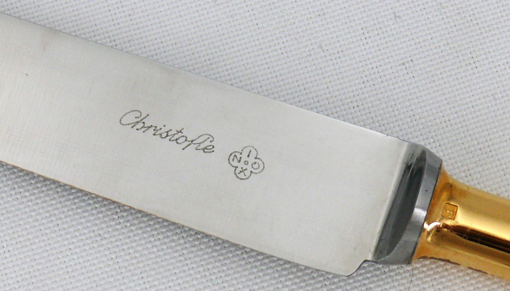 Christofle Baguette/fidélio Model, Golden Metal, 6 Rare Table Knives, In Good Condition.-photo-4