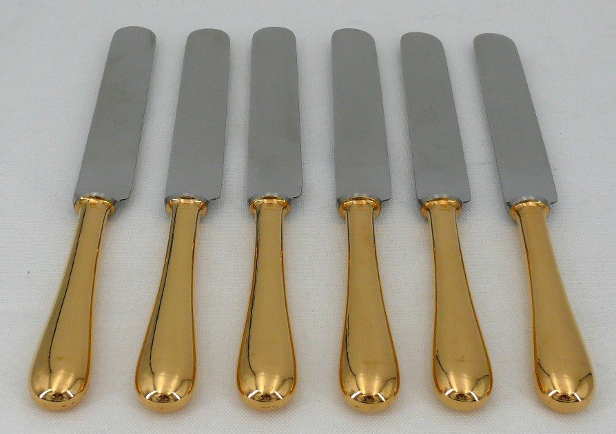 Christofle Baguette/fidélio Model, Golden Metal, 6 Rare Table Knives, In Good Condition.-photo-2