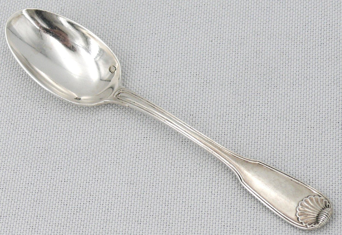 Hénin, 12 Moka Spoons In Sterling Silver Minerva, Shell Model, “bc” Monogram.-photo-3