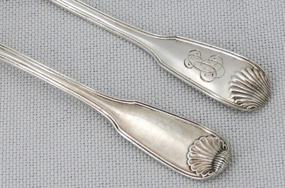 Hénin, 12 Moka Spoons In Sterling Silver Minerva, Shell Model, “bc” Monogram.-photo-4