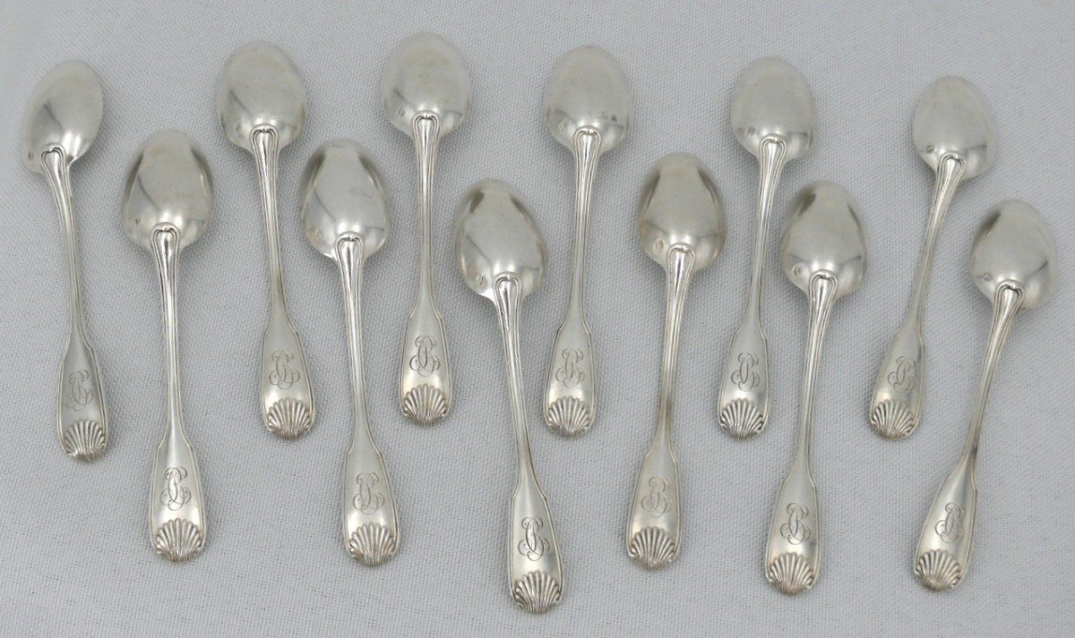 Hénin, 12 Moka Spoons In Sterling Silver Minerva, Shell Model, “bc” Monogram.-photo-4