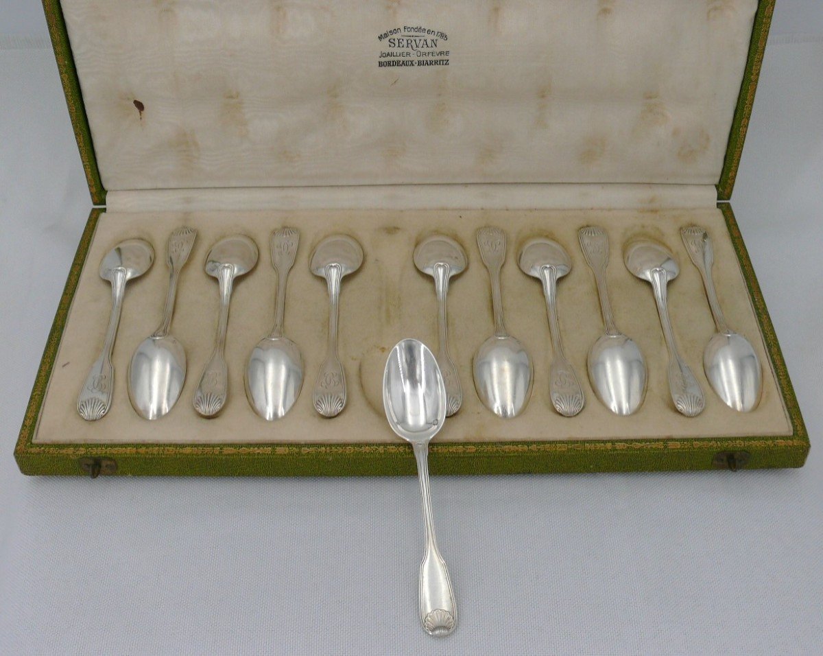 Hénin, 12 Moka Spoons In Sterling Silver Minerva, Shell Model, “bc” Monogram.
