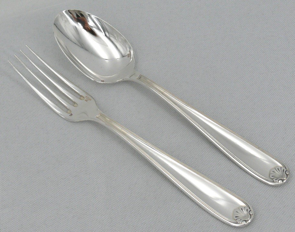 Christofle Marot/small Shell Model, 12 Table Cutlery, 24 Pieces In Silver-plated Metal.-photo-3