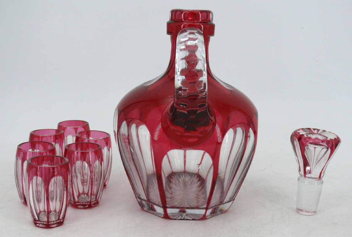 Beautiful Liqueur Service, Carafe + 6 Glasses, Red Lined Cut Crystal In Excellent Condition.-photo-3