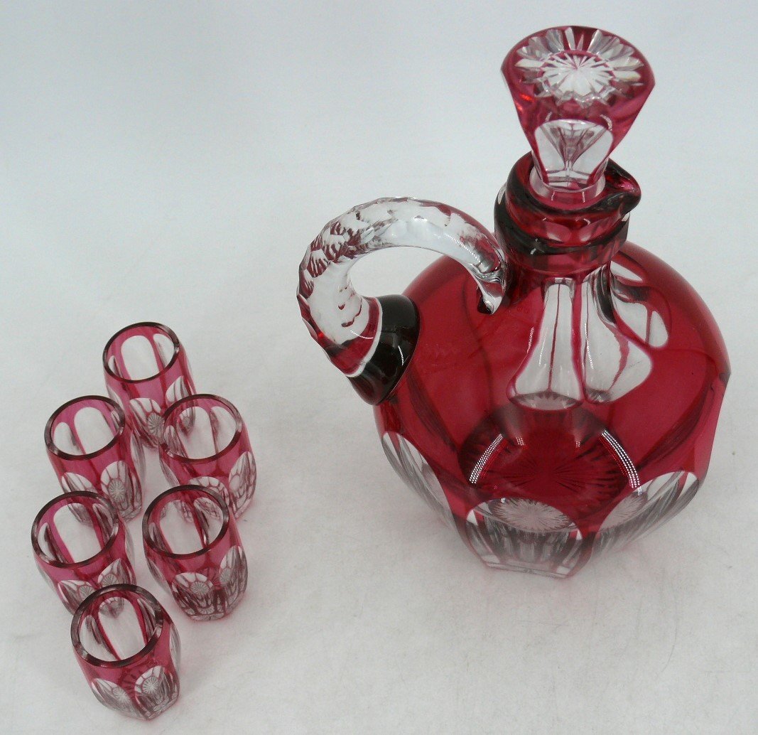 Beautiful Liqueur Service, Carafe + 6 Glasses, Red Lined Cut Crystal In Excellent Condition.-photo-2