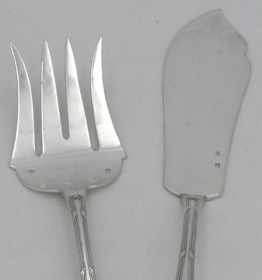 Risler & Carré, Fish Service Cutlery, Sterling Silver Minerva, Ribbons, Monogrammed.-photo-2