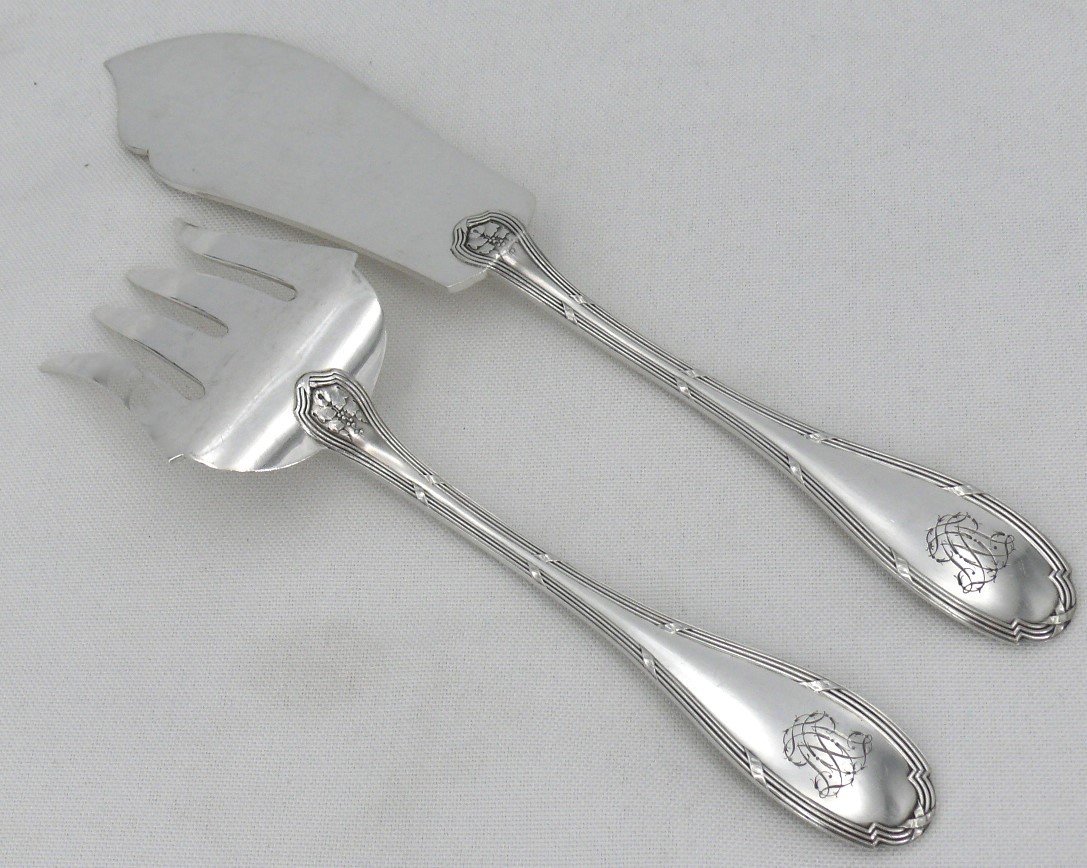 Risler & Carré, Fish Service Cutlery, Sterling Silver Minerva, Ribbons, Monogrammed.-photo-1