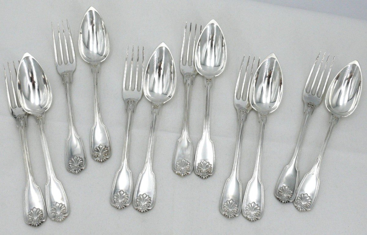 6 Serving/dessert Place Settings In Sterling Silver Minerva Shell Model, Louis Philippe.