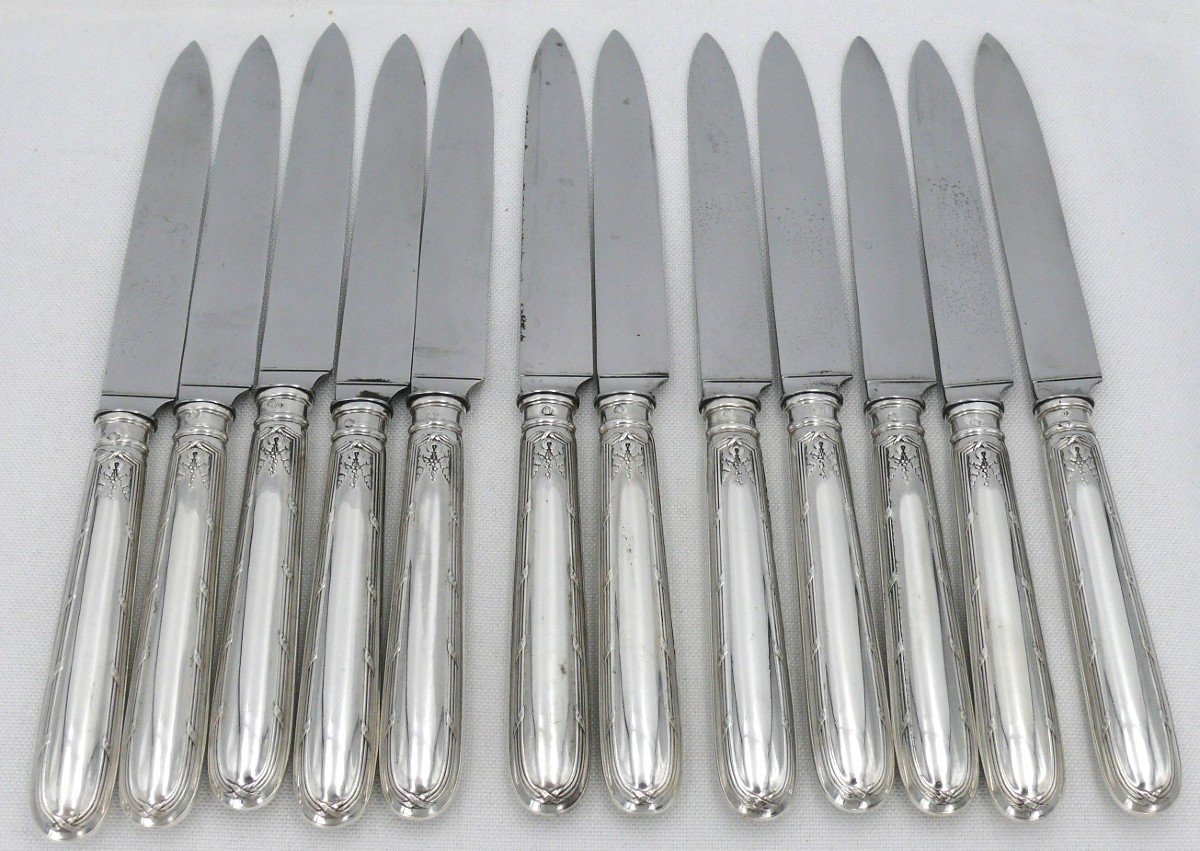 Risler & Carré, 12 Table Knives, Silver Minerva, Ribbons, Several Series Available.-photo-4