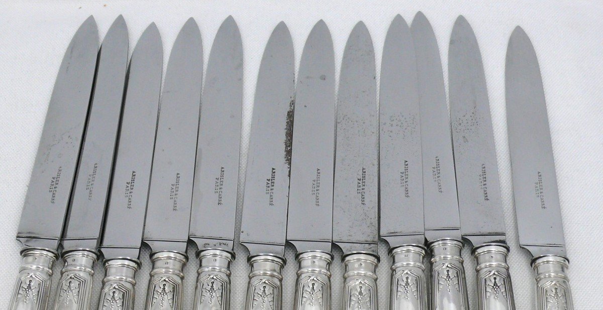 Risler & Carré, 12 Table Knives, Silver Minerva, Ribbons, Several Series Available.-photo-8