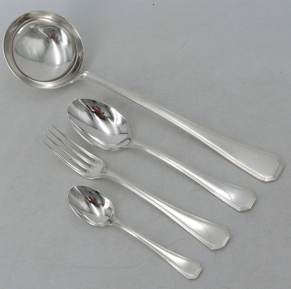 Christofle América/art Deco Model, 37 Piece Cutlery Set, Silver Metal, Excellent Condition.-photo-3