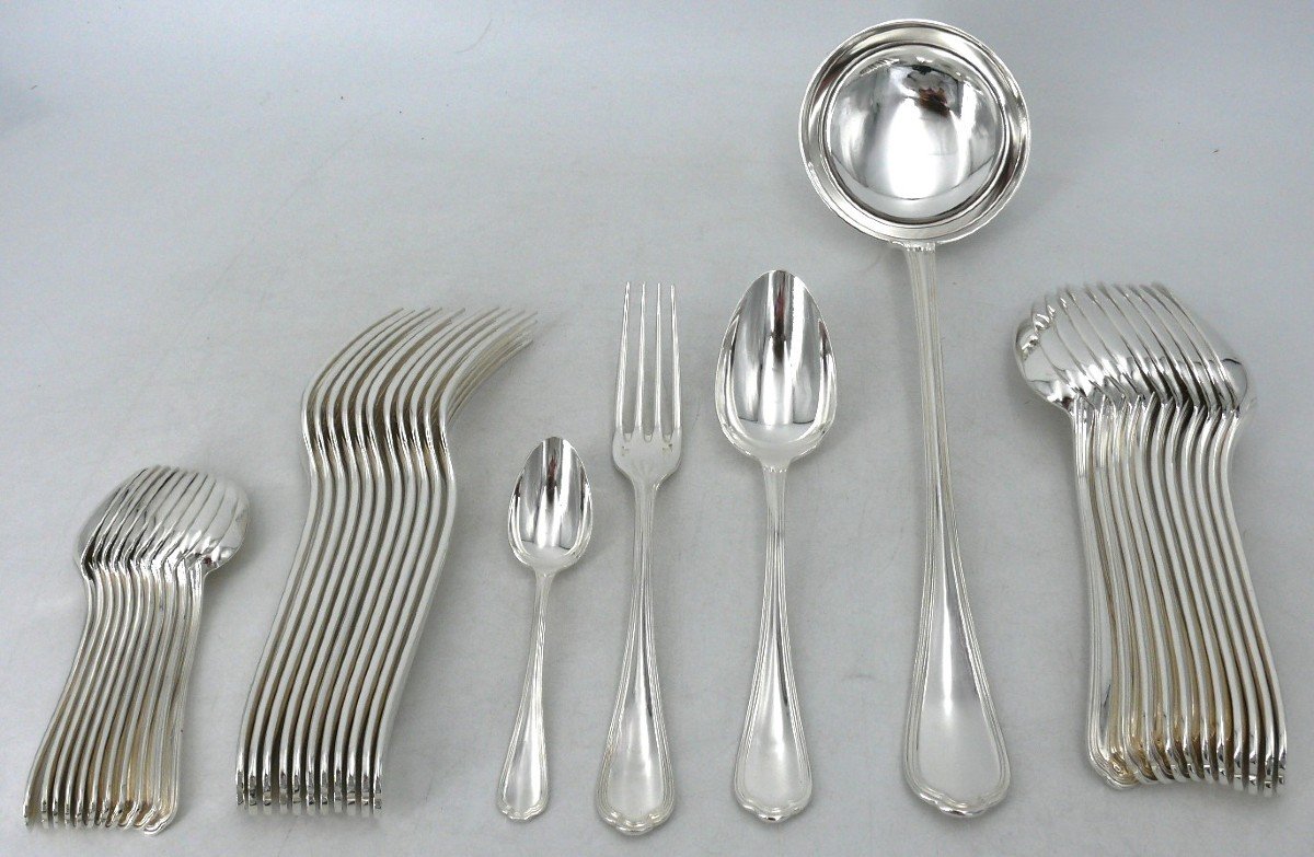 Christofle Spatours Model, 37 Piece Cutlery Set In Silver Metal, Excellent Condition.-photo-2