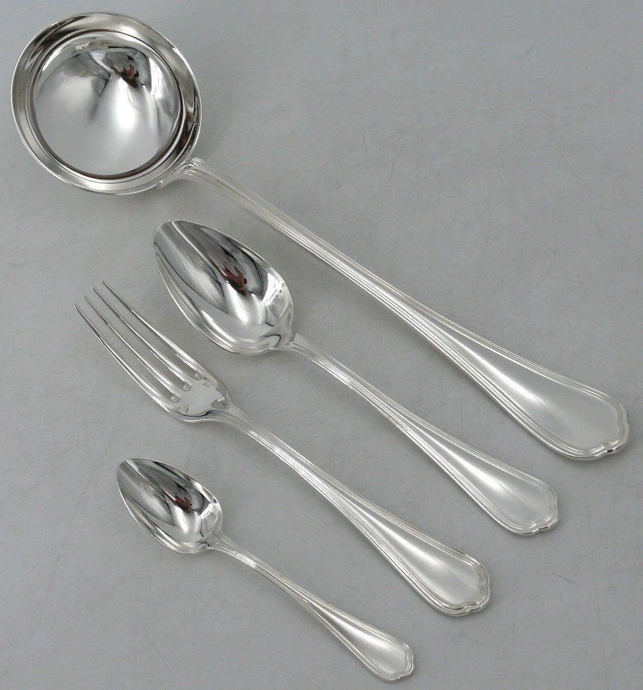 Christofle Spatours Model, 37 Piece Cutlery Set In Silver Metal, Excellent Condition.-photo-3