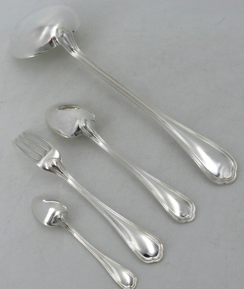 Christofle Spatours Model, 37 Piece Cutlery Set In Silver Metal, Excellent Condition.-photo-3