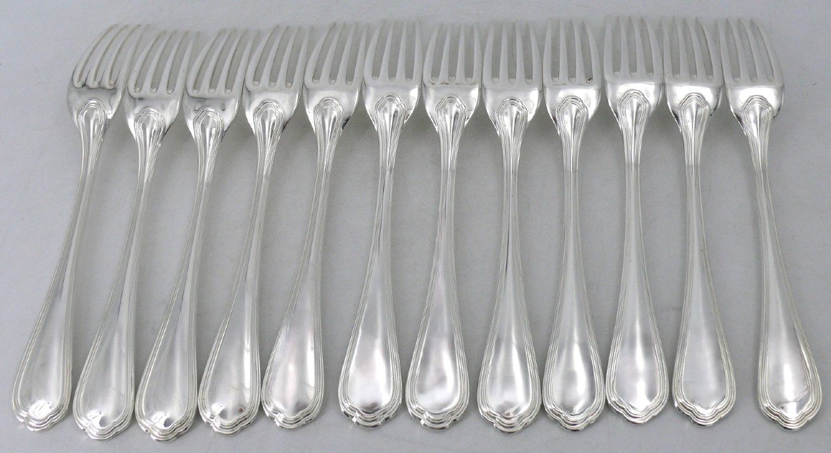 Christofle Spatours Model, 37 Piece Cutlery Set In Silver Metal, Excellent Condition.-photo-4