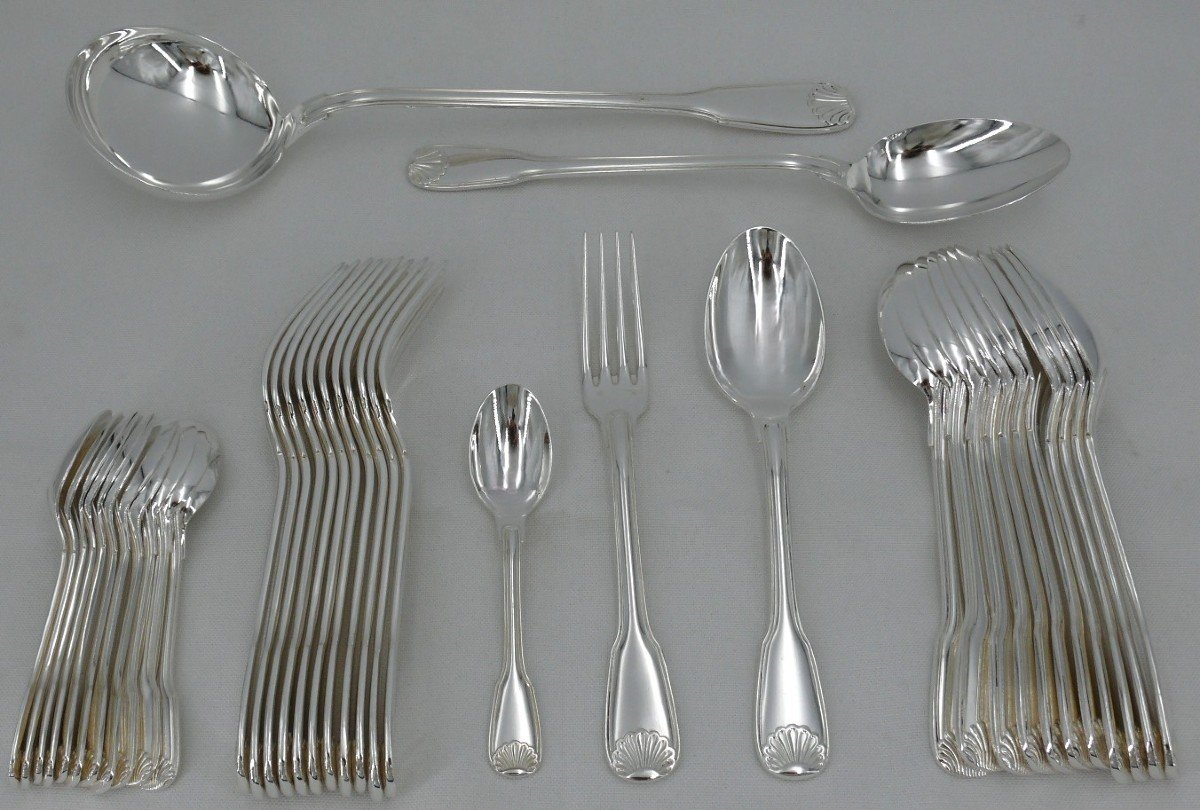 38 Piece Cutlery Set Ercuis Shell Model In Silver Metal, Near New Condition.-photo-2