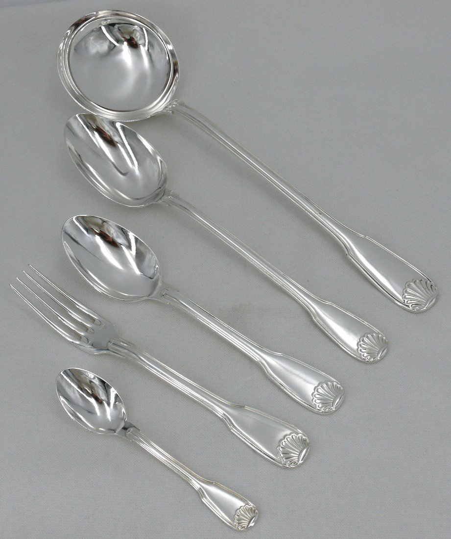 38 Piece Cutlery Set Ercuis Shell Model In Silver Metal, Near New Condition.-photo-3