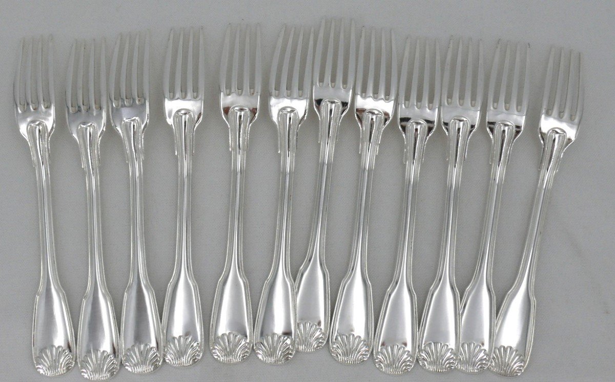 38 Piece Cutlery Set Ercuis Shell Model In Silver Metal, Near New Condition.-photo-3