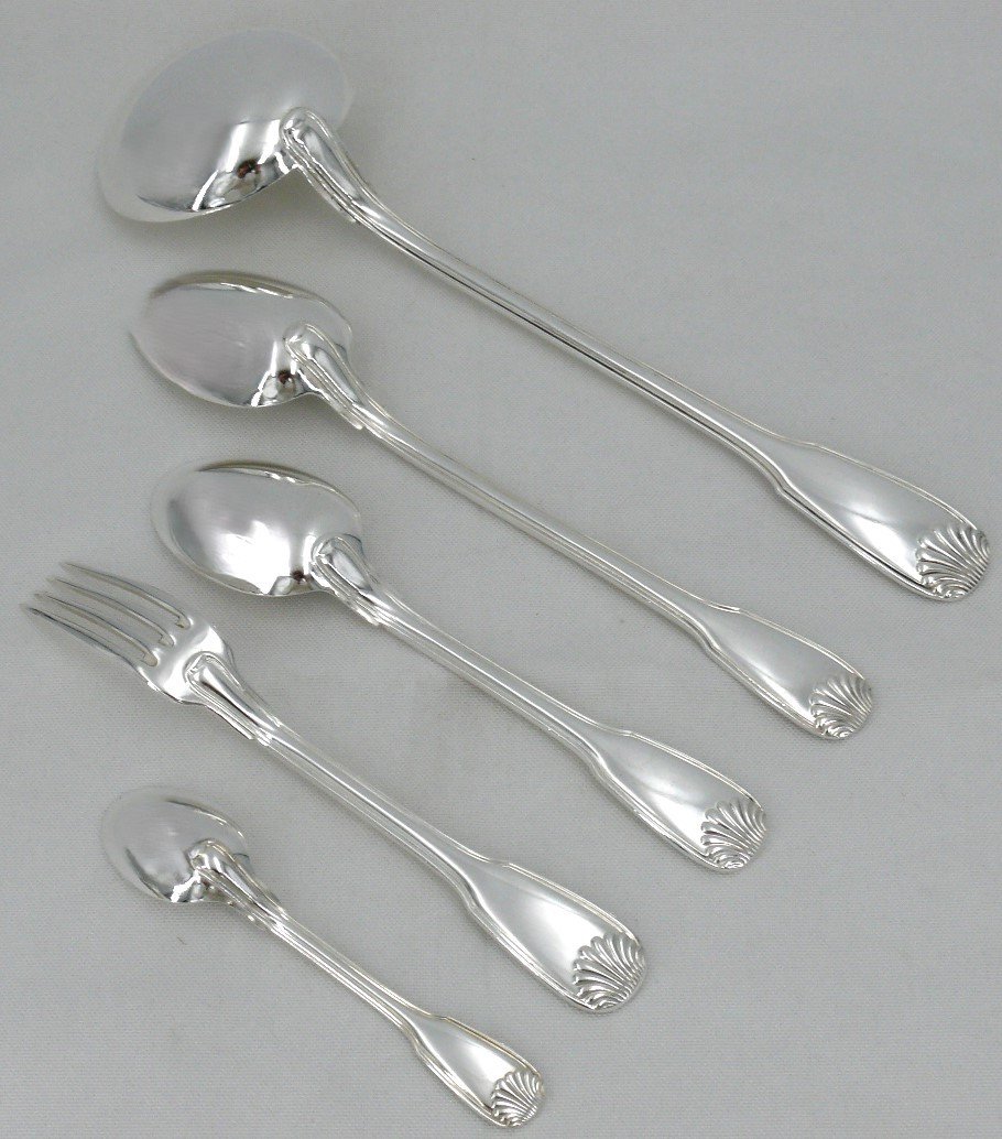 38 Piece Cutlery Set Ercuis Shell Model In Silver Metal, Near New Condition.-photo-4