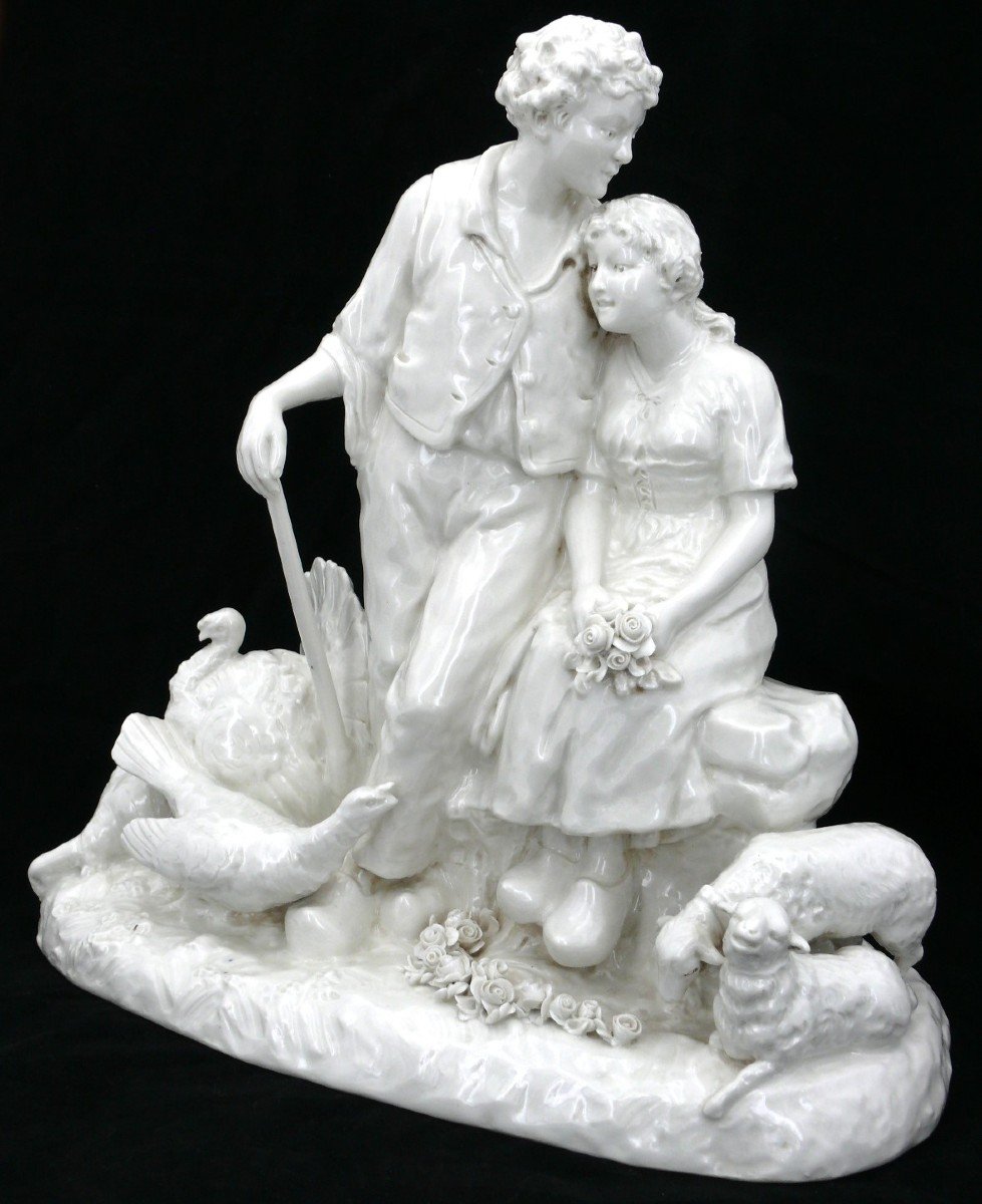 Joseph d'Asté (1881-1945) Pour Capodimonte, Couple De Paysans Entourés d'Animaux, 36 X 36 Cm.