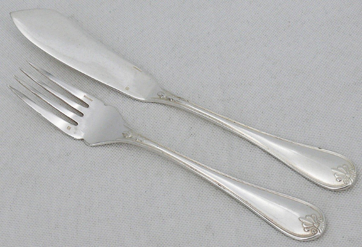 Christofle Malmaison Old Model, 12 Fish Cutlery, 24 Pieces In Silver Metal.-photo-2