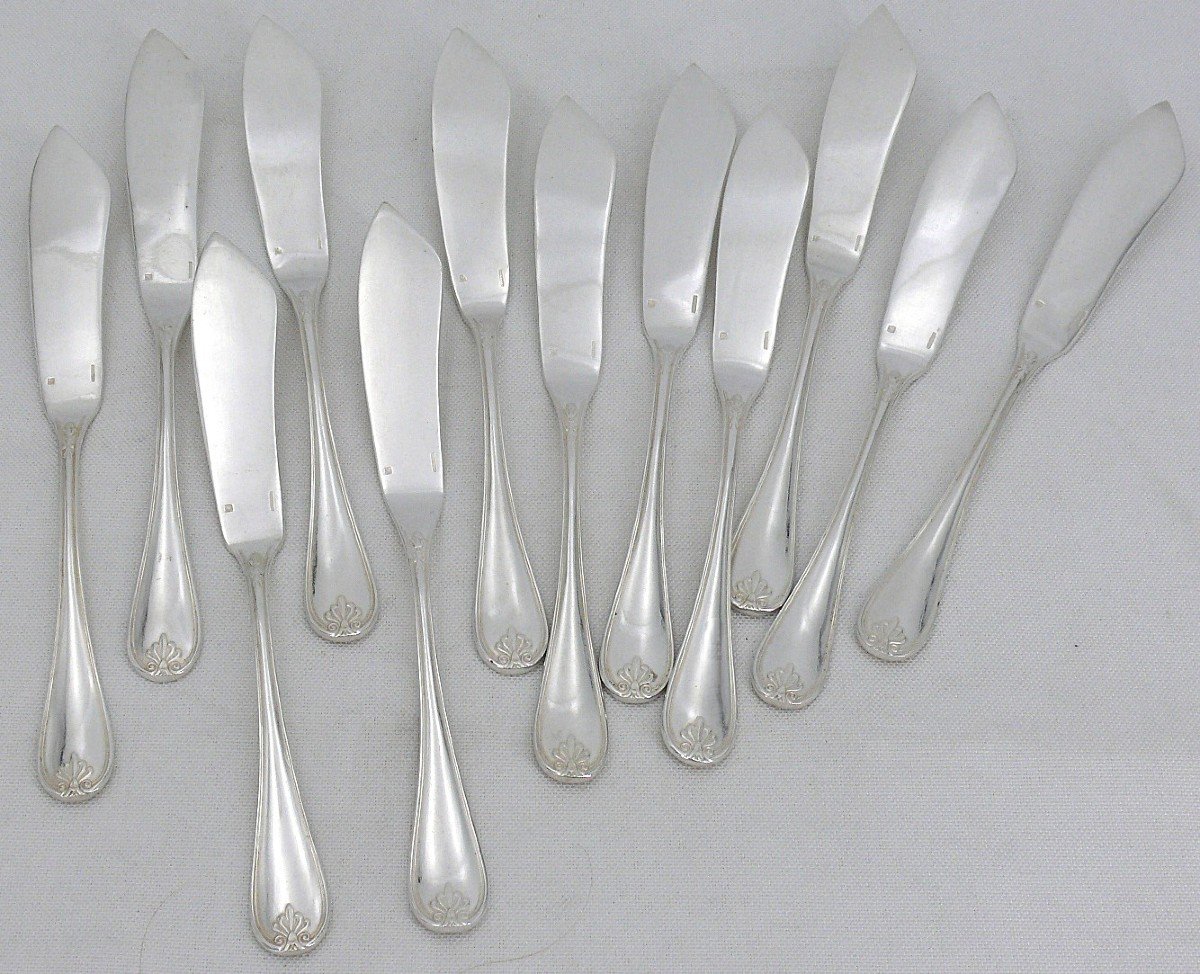 Christofle Malmaison Old Model, 12 Fish Cutlery, 24 Pieces In Silver Metal.-photo-4