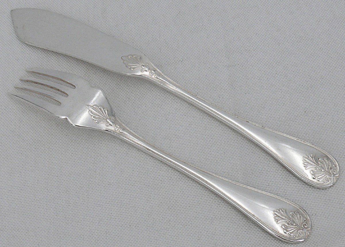 Christofle Malmaison Old Model, 12 Fish Cutlery, 24 Pieces In Silver Metal.-photo-1