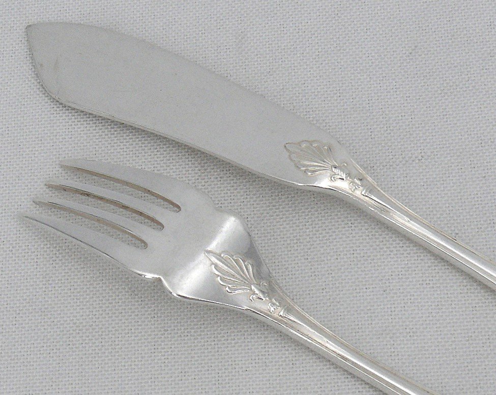 Christofle Malmaison Old Model, 12 Fish Cutlery, 24 Pieces In Silver Metal.-photo-2