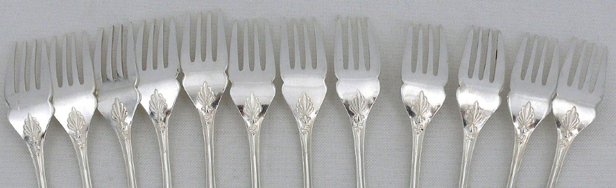 Christofle Malmaison Old Model, 12 Fish Cutlery, 24 Pieces In Silver Metal.-photo-3