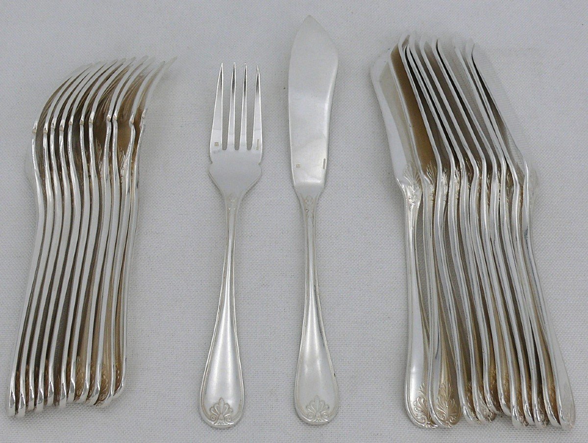 Christofle Malmaison Old Model, 12 Fish Cutlery, 24 Pieces In Silver Metal.