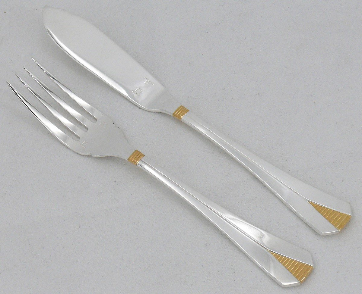 Christofle Atlantide Gold Ring Model, 8 Fish Cutlery Sets, 16 Pieces, Silver Metal.-photo-2