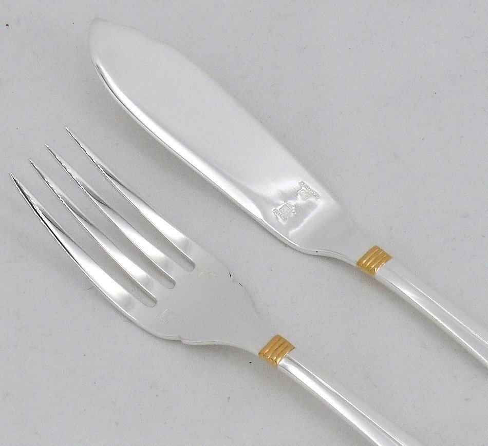 Christofle Atlantide Gold Ring Model, 8 Fish Cutlery Sets, 16 Pieces, Silver Metal.-photo-3