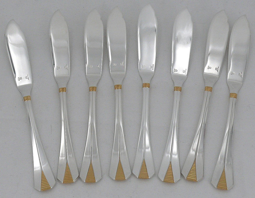 Christofle Atlantide Gold Ring Model, 8 Fish Cutlery Sets, 16 Pieces, Silver Metal.-photo-1