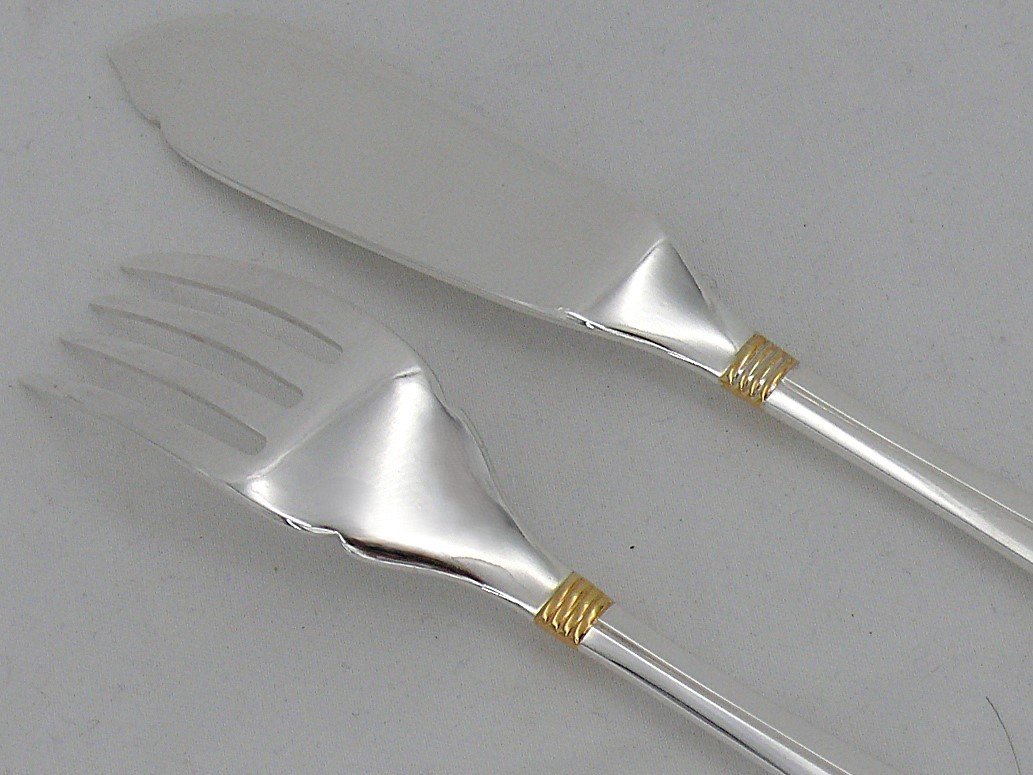 Christofle Atlantide Gold Ring Model, 8 Fish Cutlery Sets, 16 Pieces, Silver Metal.-photo-3