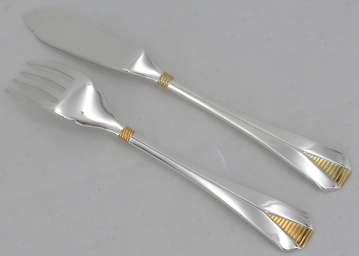 Christofle Atlantide Gold Ring Model, 8 Fish Cutlery Sets, 16 Pieces, Silver Metal.-photo-4