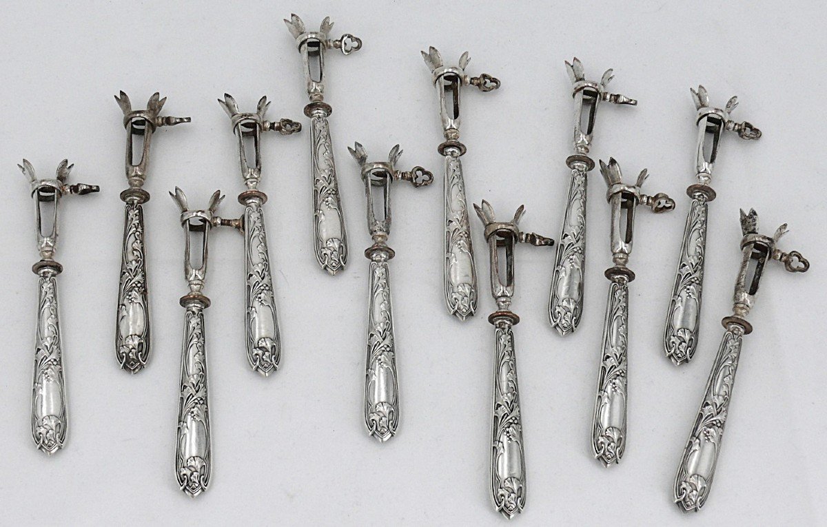 12 Manches/pinces à Côtelettes En Argent Minerve, Art Nouveau, Vers 1900.-photo-4