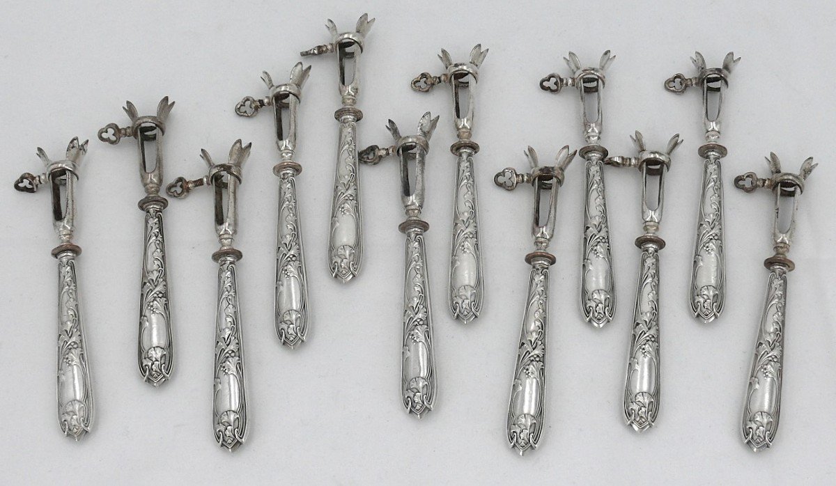 12 Manches/pinces à Côtelettes En Argent Minerve, Art Nouveau, Vers 1900.-photo-2