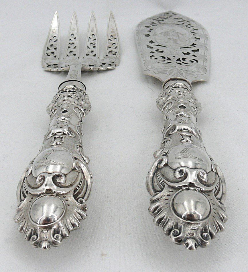 Exceptional Fish Serving Cutlery, Silver, English, Engraved, Openwork, Martin Hall & Co, 1857-photo-4