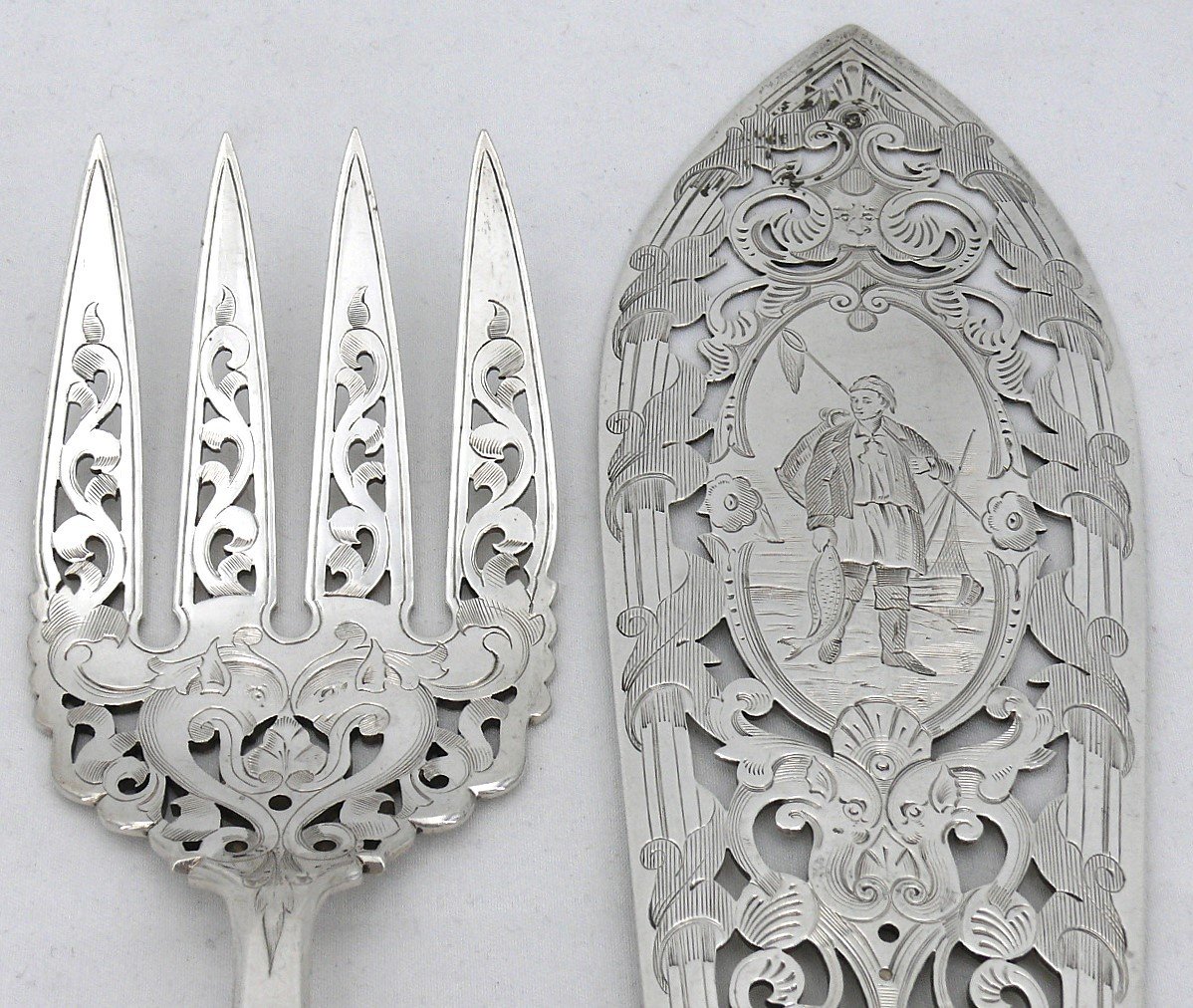 Exceptional Fish Serving Cutlery, Silver, English, Engraved, Openwork, Martin Hall & Co, 1857-photo-1