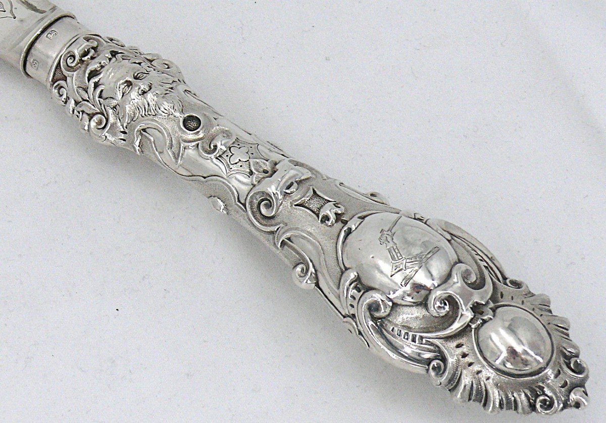 Exceptional Fish Serving Cutlery, Silver, English, Engraved, Openwork, Martin Hall & Co, 1857-photo-2