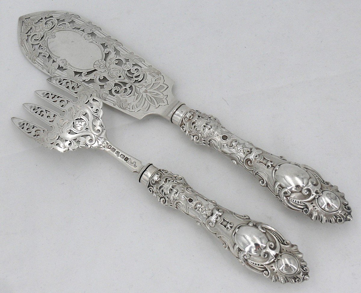 Exceptional Fish Serving Cutlery, Silver, English, Engraved, Openwork, Martin Hall & Co, 1857-photo-4