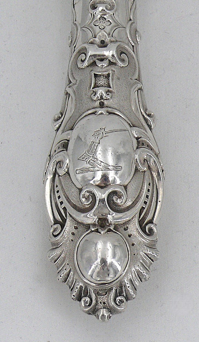 Exceptional Fish Serving Cutlery, Silver, English, Engraved, Openwork, Martin Hall & Co, 1857-photo-6