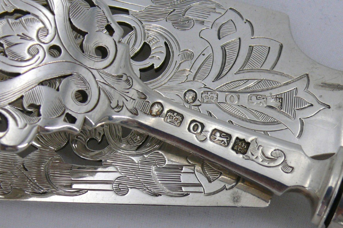 Exceptional Fish Serving Cutlery, Silver, English, Engraved, Openwork, Martin Hall & Co, 1857-photo-8