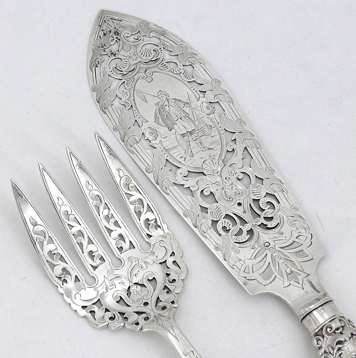 Exceptional Fish Serving Cutlery, Silver, English, Engraved, Openwork, Martin Hall & Co, 1857