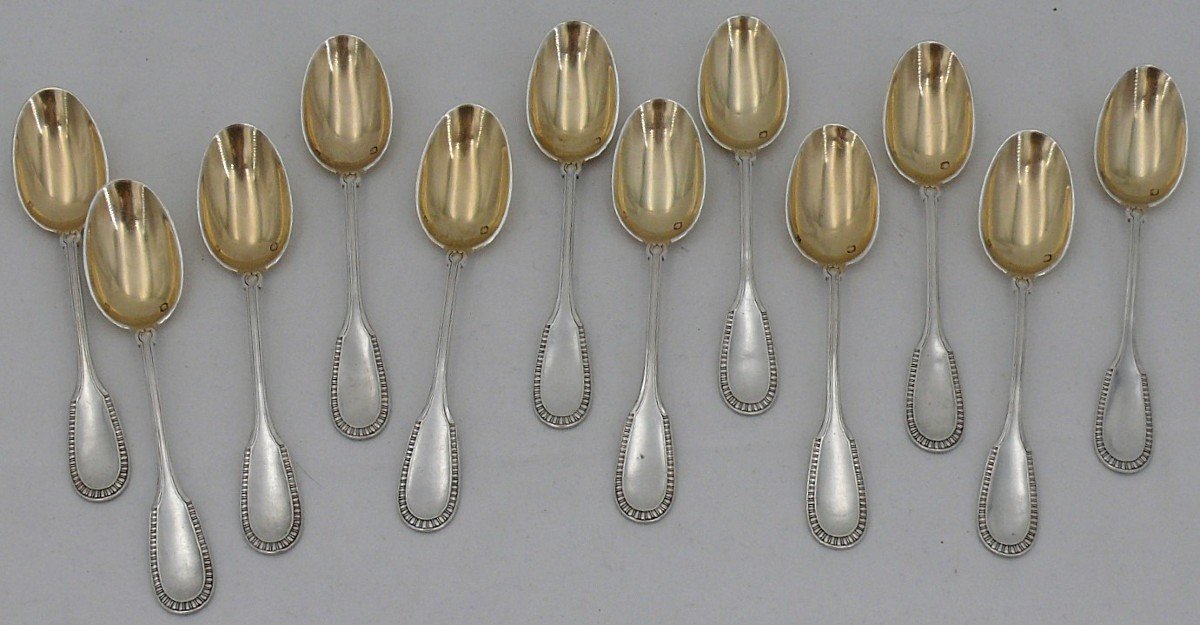 Hénin & Cie, 12 Mocha/coffee Spoons, Solid Silver Minerva And Vermeil, Gadroons.-photo-2