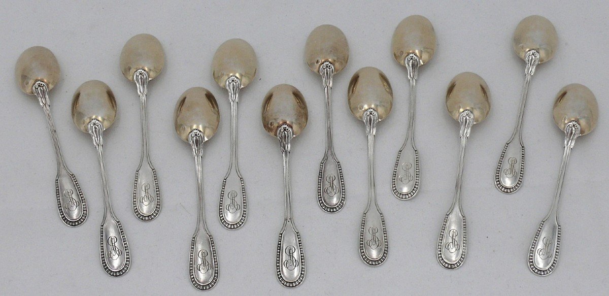 Hénin & Cie, 12 Mocha/coffee Spoons, Solid Silver Minerva And Vermeil, Gadroons.-photo-4