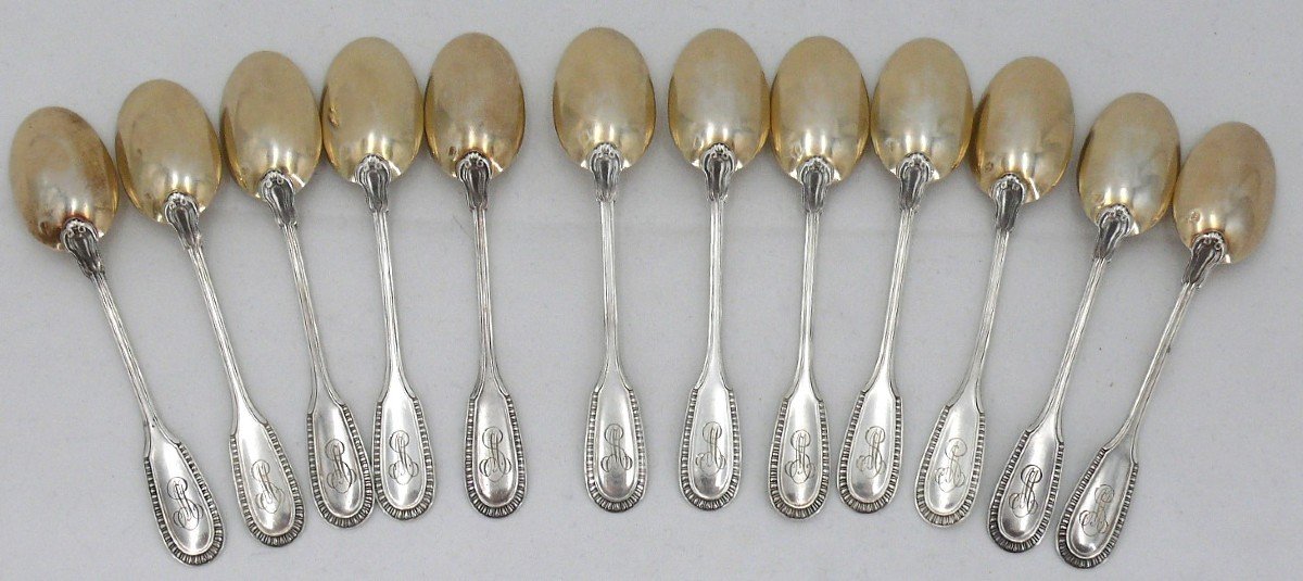 Hénin & Cie, 12 Mocha/coffee Spoons, Solid Silver Minerva And Vermeil, Gadroons.-photo-8